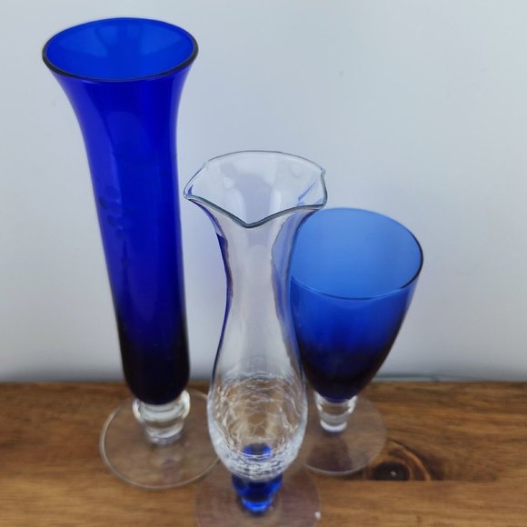 Unique Lot of 3 Vintage Mixed Cobalt Blue Glass Bud Vases mismatched collection - Picture 3 of 5